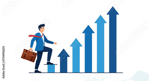 Businessman Ascending Success Steps, Achieving Goals, Career Growth, and Business Progress