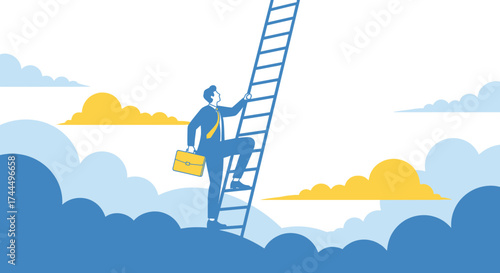 Businessman Ascending Upwards on Ladder Reaching High in Sky Depicting Success Journey