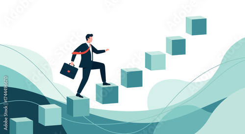 Businessman Ascending, Success Visualization, Corporate Achievement, Progress, Step-by-Step