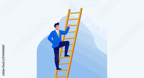 Businessman Ascending, Climbing Ladder to Reach Success, Achievement, Goal, and Ambition