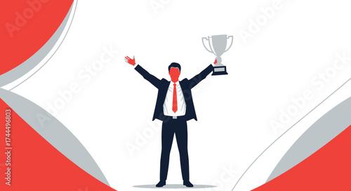 Businessman Celebrates Success Holding Trophy Against Abstract Red And Grey Decorative Background