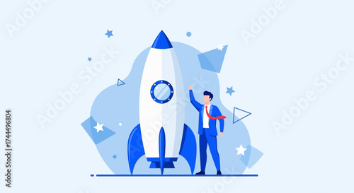 Businessman Celebrates Success With Rocket, Symbolizing Growth, Innovation, and Ambition