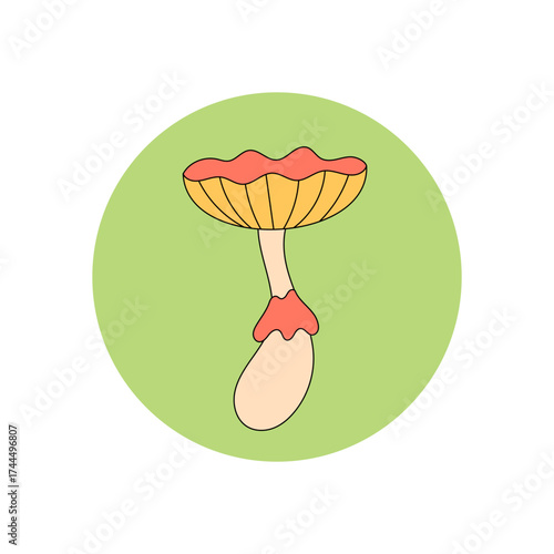 Groovy psychedelic mushroom sticker in retro funky flat style. Colorful circle lid label for y2k product and package. Modern graphic emblem for package seal.
