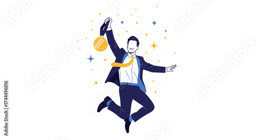 Businessman Celebrates Success, Holding Awarding Medal in Joyful Achievement or Victory