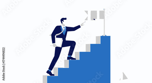Business Strategy Success: A Businessman Climbing Stairs To New Heights and Flags