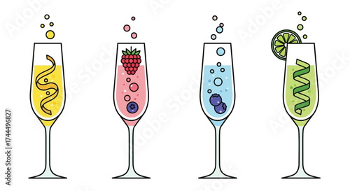 Chic Cocktail Collection: Set of Four Stylized Sparkling Drinks Illustration
