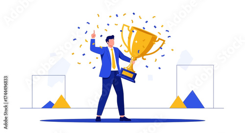 Businessman celebrates victory holding trophy in hands, success concept illustration