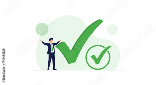 Business Success Achieved: A Man Celebrates Check Mark Approval, Victory, and Excellent Result