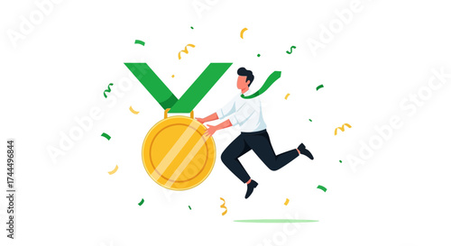 Businessman Celebrating A Victory Holding An Achievement Medal With Confetti Around Him