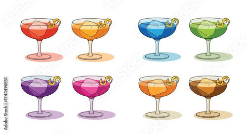Vibrant assortment of cocktails in various hues, showcased against clean background