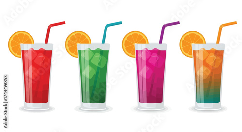 Refreshing colorful cocktail drinks illustration served with orange slices