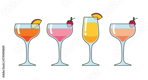 A vibrant collection of four cocktails, showcasing fruity and refreshing flavors