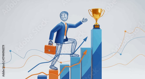 Business Success and Achievement Represented by Businessman Reaching a Trophy