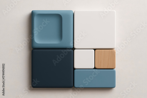 Geometric Blocks Composition: An artful arrangement of geometric blocks in various sizes, colors, and textures, creating a modern, abstract composition perfect for design.