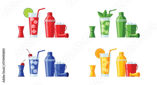 Vibrant collection of four diverse colorful cocktail preparations illustrations