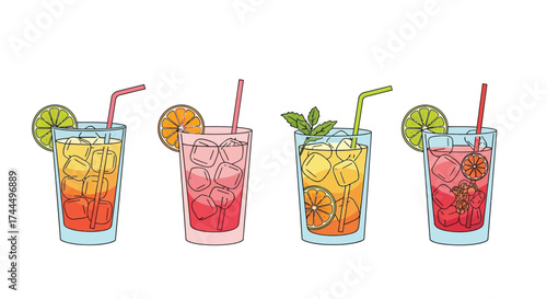 Vibrant collection featuring four refreshing cocktails with fruit accents