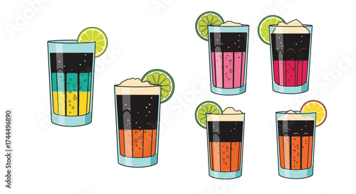 Whimsical vector illustration: Assorted Dark 'n' Stormy cocktails on white