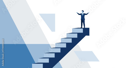 Businessman Celebrating Success atop a Staircase Reaching the Peak of Achievement