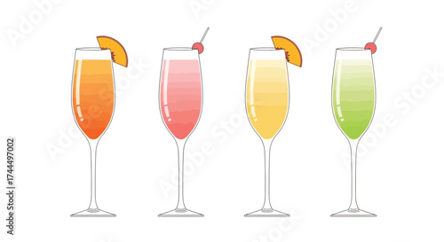 Elegant assortment of colorful Bellini cocktails in delicate glassware