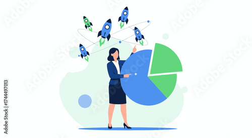 Business Woman Analyzing Financial Growth With Rocket Ships and Chart Graphics Illustration