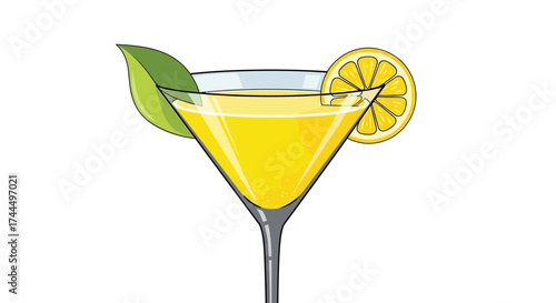 Aesthetic Cocktail Martini with lemon slice and leaf on white backdrop