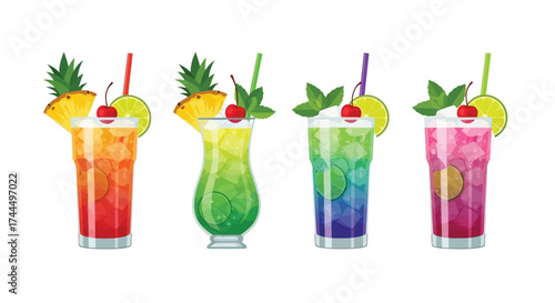 Four vibrant tropical cocktails vector art on a clean white backdrop