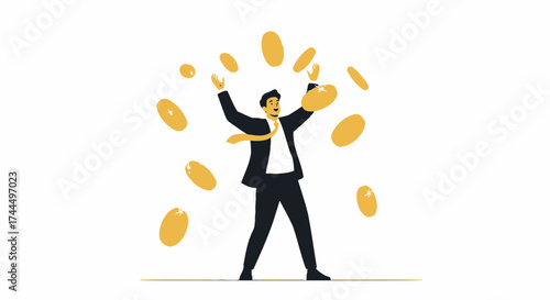 Businessman Celebrating Triumph As Coins Cascade, Signifying Financial Success and Prosperity