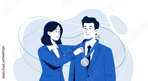 Business woman awards medal to businessman for their achievements and success
