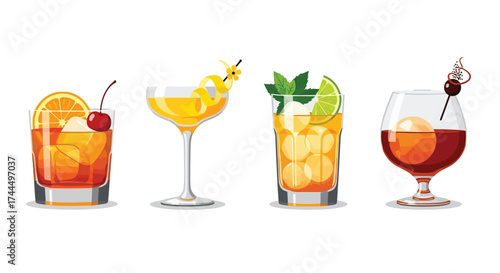 Elegant showcase of four different cocktail variations in a flat style