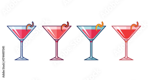Four colorful martini cocktails with citrus twists flat vector illustration