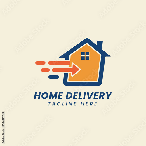 Dynamic home delivery logo featuring a speeding house with an arrow, symbolizing fast shipping, logistics, courier services, and convenient transport, ideal for e-commerce or delivery companies.
