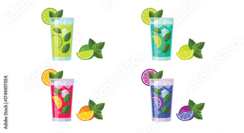 Colorful Mojito Cocktail Set in Flat Vector Style on a Clean White Backdrop