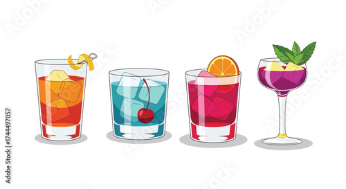 Four distinct and vibrant cocktail illustrations for mixology projects