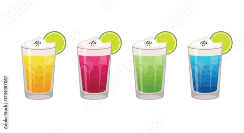 Four colorful flat vector Pisco Sour cocktails on a crisp white setting