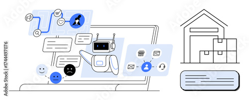 Robot assistant analyzing messages on a laptop, handling inquiries, workflow and emotion icons, warehouse operation, e-commerce. Ideal for customer service, automation, logistics, efficiency retail