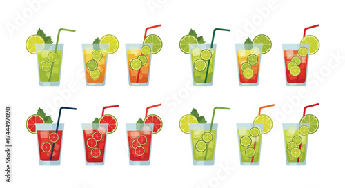 Vibrant variety of caipirinha cocktail vectors against a pristine white backdrop
