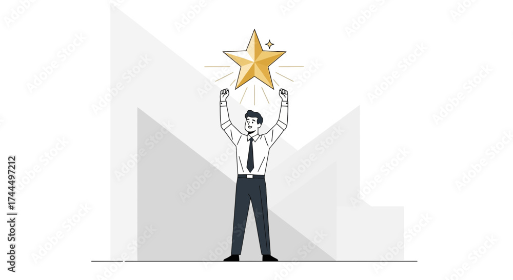 Obraz premium Businessman Achieves Goal and Claims Victory by Grasping Shiny Gold Star Trophy