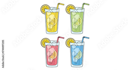 Vibrant array of refreshing Tom Collins cocktails in four distinct colors
