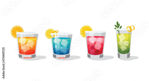 Four colorful, refreshing, stylized cocktails, perfect for summer celebration