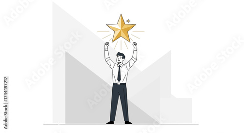 Businessman Achieves Goal and Claims Victory by Grasping Shiny Gold Star Trophy