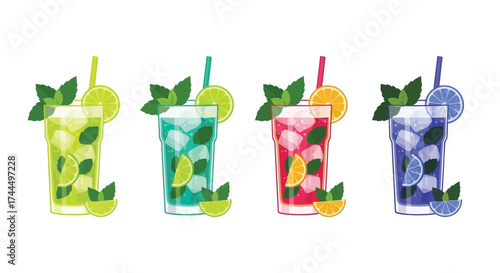 Colorful flat vector design of four refreshing Mojito cocktails set on white