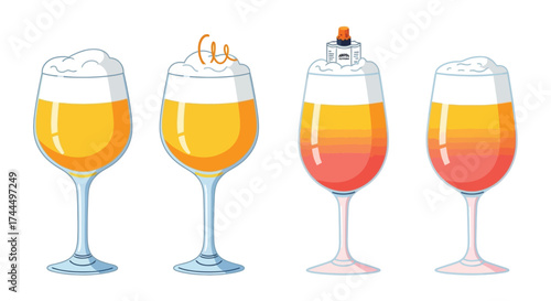 Vibrant array of flat vector styled Pisco Sour cocktails with garnish