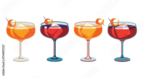 Four colorful cocktails in a flat vector style, refreshing and appetizing