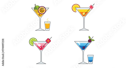 Vibrant cocktail set with tropical fruits, refreshing drinks presentation