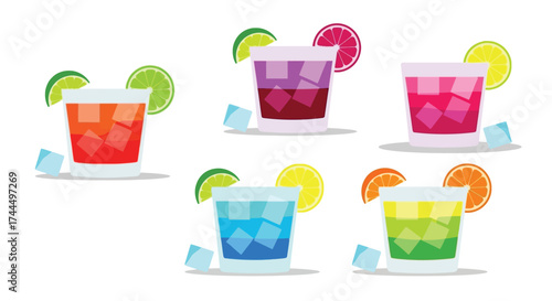 Set of refreshing cocktails illustration with citrus garnish and ice cubes