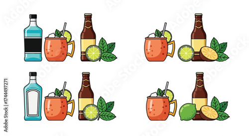 Four colorful illustrations showcasing cocktails and beverages on a white surface