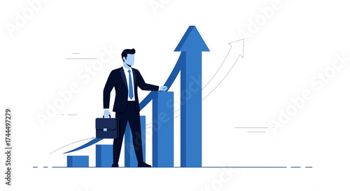 Businessman Achieving Financial Goals, Rising Profitability Visualization In Modern Graphic Style