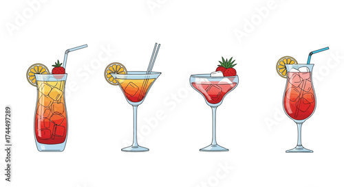 Vibrant assortment of stylized cocktails against a clean white backdrop