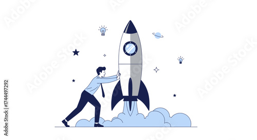 Businessman Activating Rocketship Symbolizing Startup Launch and Futuristic Vision