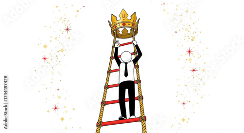 Businessman climbing ladder to reach golden crown representing success and achievement